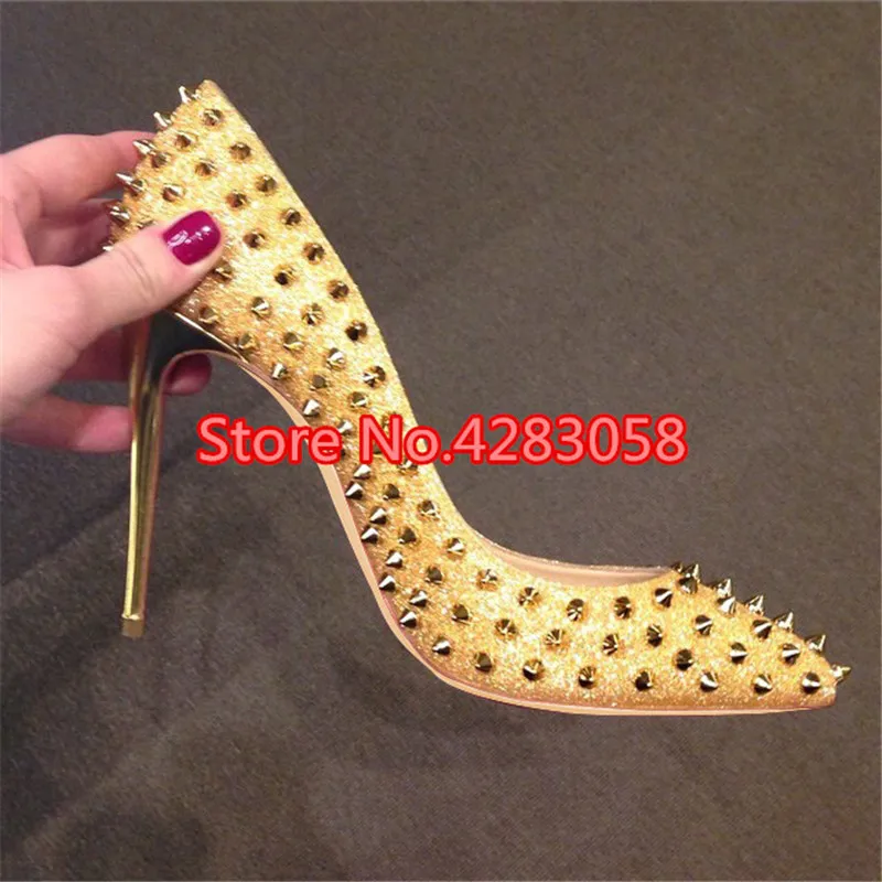 

Free shipping fashion women Pumps lady Gold glitter studded spikes Pointy toe high heels shoes size33-43 12cm 10cm 8cm Stiletto