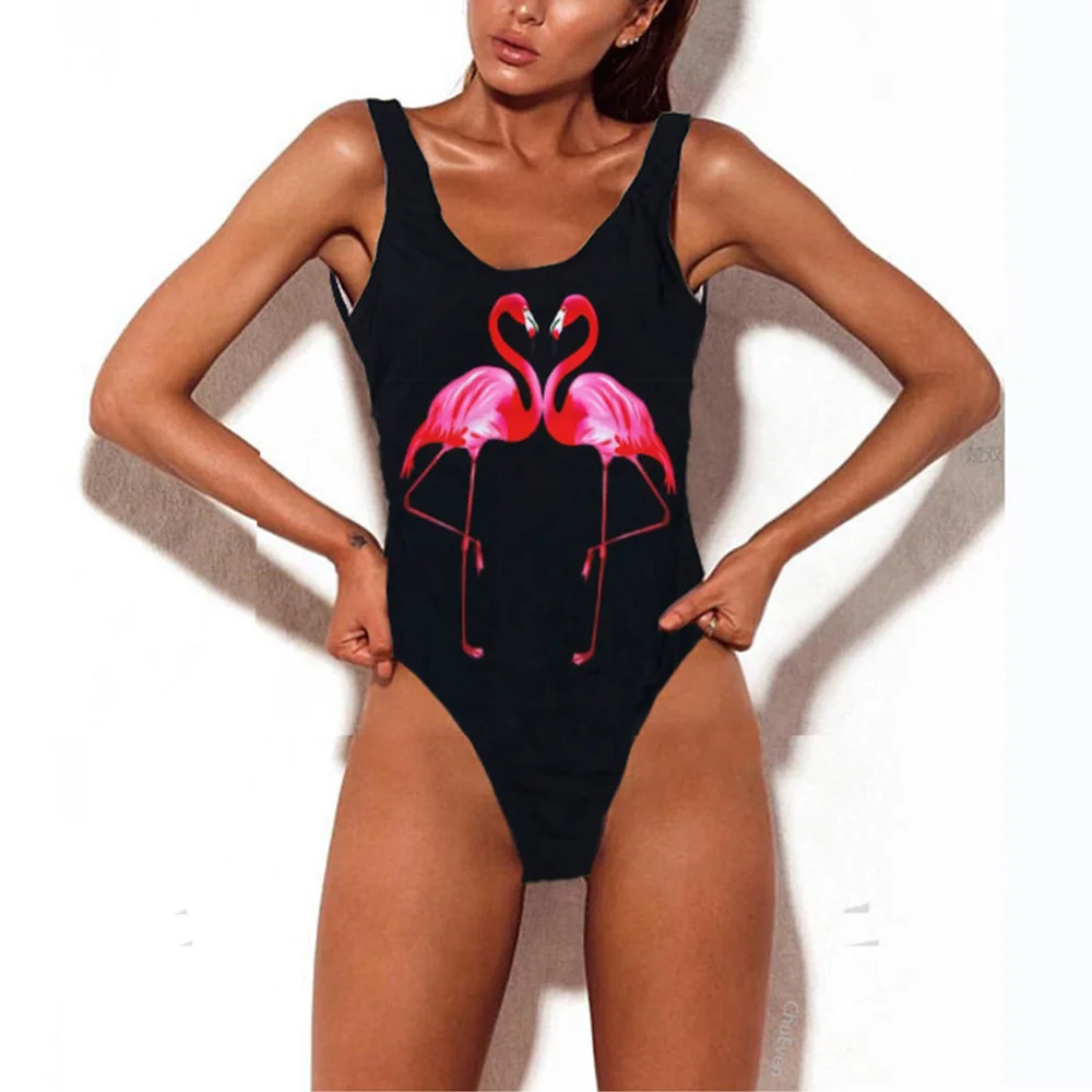 

M&M 2018 New Two Flamingos Printed Women One-Piece Swimsuit Summer White Black Backless Swimwear Sexy Bathing Beachwear