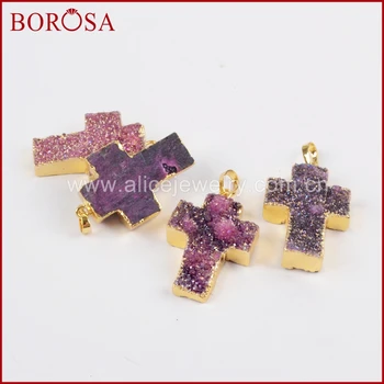

BOROSA Pink Druzy Crystal Pendant Beads for Women,Gold Color Titanium Pink Druzy Cross Pendant Bead for Necklace Making G1310