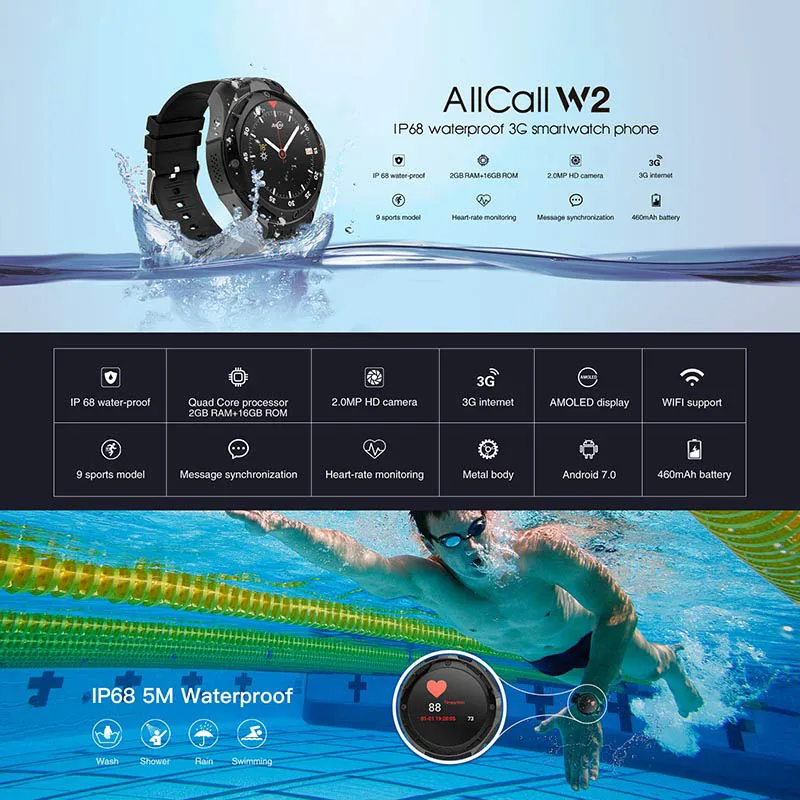 

AllCall W2 3G Android 7.0 Quad Core Smart Watch Phone Wirless Wristband 2+16GB Sport Watch Gift SL@88