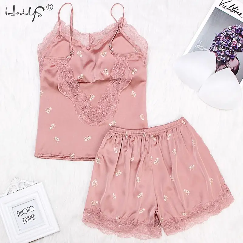 

Sexy Backless Pajamas Sets Women Floral Printing Spaghetti Strap Sleepwear With Pad Female Summer Satin Pajamas For Women