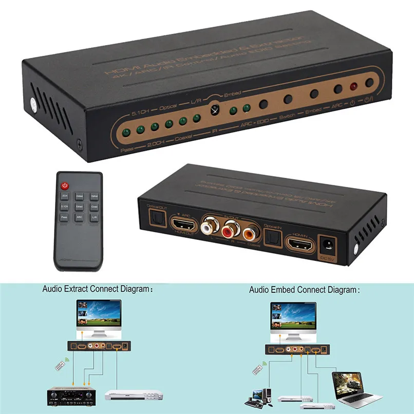 

Newest Best Price 4K 1080P HDMI to HDMI Audio Embedded & Extractor Seting 5.1CH/PASS/2CH+Remote Control Free Shipping 30AP0