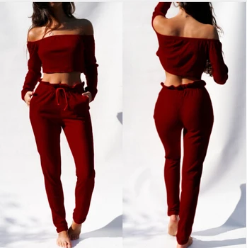 

HOT Fashion Women Clothes Off Shoulder Frill Crop Top Pullover Long Sleeve Tee Solid Red High Waist Pants Sexy Ladies Outfits
