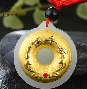 

Natural White Hetian Jade + 18K Solid Gold Inlaid Round Safety Buckle Lucky Pendant + Free Necklace Fine Jewelry + Certificate