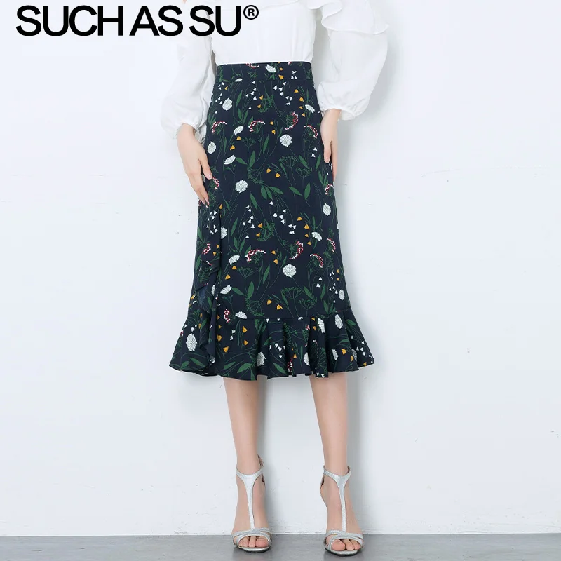 

New Korean Floral Skirt Women 2019 Summer Black Chiffon Print Mermaid Skirt S-3XL Plus Size Slim Ruffle High Slit Skirt