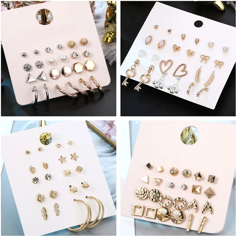 

New Design Geometric 12Pair/Sets Stud Earrings Set For Women Girl Bohemian Mixed Gold Star Heart Key Triangle Feather Earring