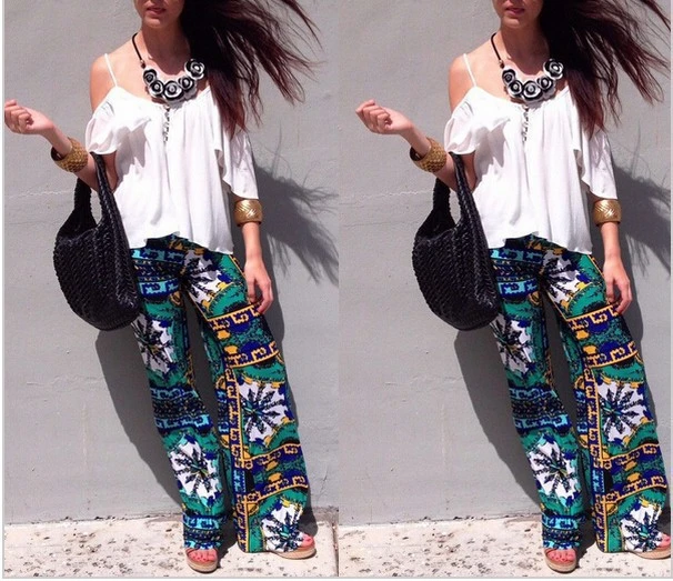 Summer Women Loose Casual Floral Printed Staight Travel and Vacation Palazzo Pants Flare Print Bottoms Pantalones