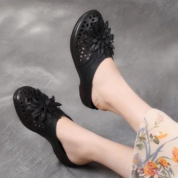 

RUSHIMAN Women Genuine Leather shoes 2019 Summer Slippers Slip-On Outdoor Slippers Handmade Women Slides