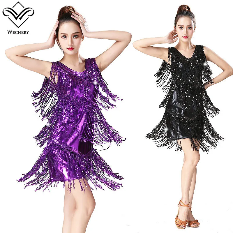 

Wechery Latin Flamenco Salsa Dancing Dress Tassels Sequins Midi Dresses for Women Performance Costume 2018 New Sexy Dance Wear