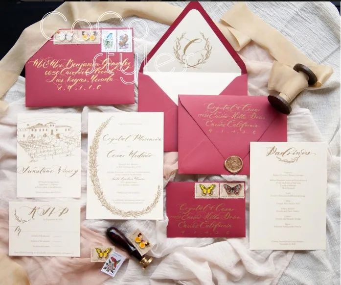  Cocostyles personalized beautiful gold foiling burgundy envelope with match invitation card for all - 32890641355