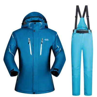 Лыжный костюм зимняя Мужская Утепленная теплая зимняя куртка и лыжные штаны ветрозащитная мужская одежда куртка для сноубординга большого размера m-xxxl - Цвет: Blue and Sky Blue