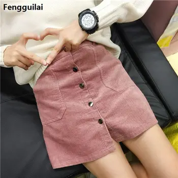 

Spring Harajuku Office Lady School Women 'S Short Skirt Denim Style Button A -Line Corduroy High Waist Pocket Mini Skirt