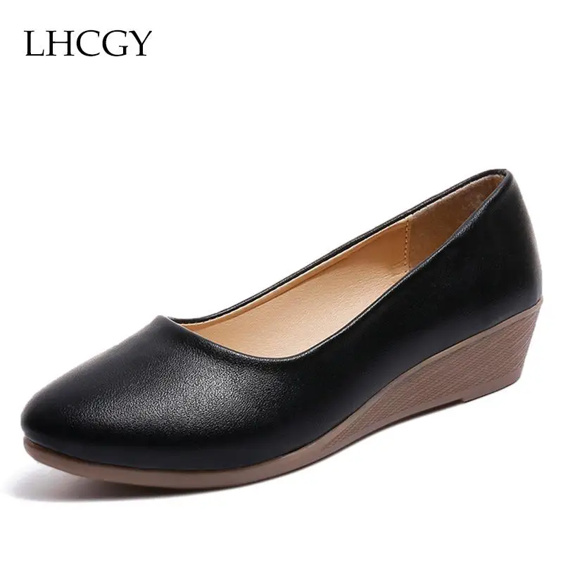 Spring Autumn Woman Boat Shoes Basic Wedges Medium Heels shoes Black