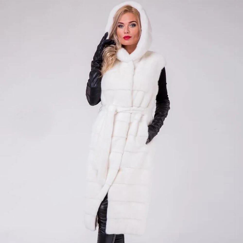 

Real Mink Fur Coats With Hood Lengthen Vest Winter Warm Slim Full Pelt Jackets Especially Customized Women Overcoats Hot selling