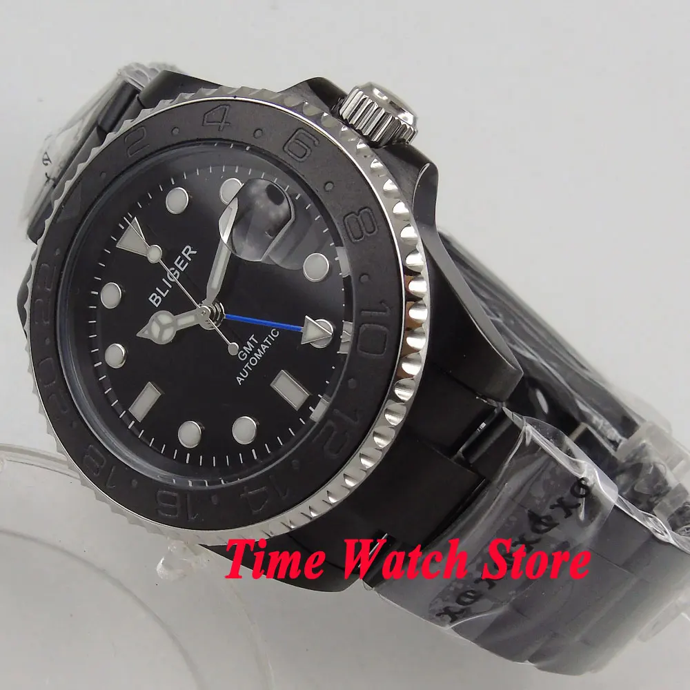 Bliger 40 мм GMT 3804 автоматические мужские часы PVD корпус черный циферблат светящийся