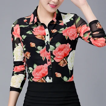 

Spring Autumn Fashion Women Colored Floral Printed Pattern Slim Mesh Blouse , 3XL 4xl Fall Female Woman Painted Stretch Blouses