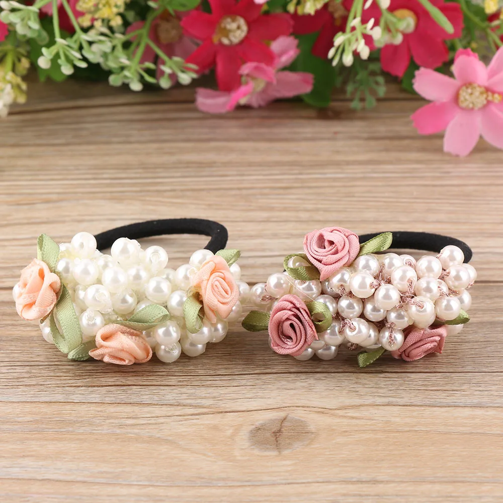 

1PC Korean Beads Flower Pearls Elastic Hair Rope Ponytail Holder Headwear Ornament Decoration Jewelry Accessories for Women