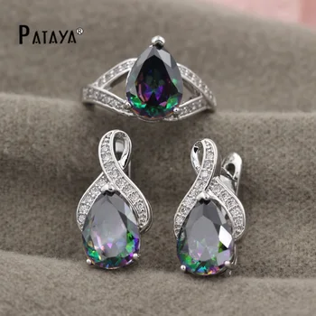 

PATAYA Water Drop Rainbow Natural Zircon Mystic Jewelry Set True White Gold Bridesmaid Nigerian Wedding Ring Earrings Jewelry