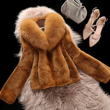 

Large fox fur collar fashion whole skin rex rabbit fur jackets women short style full sleeve real leather fur coats 2018 winter