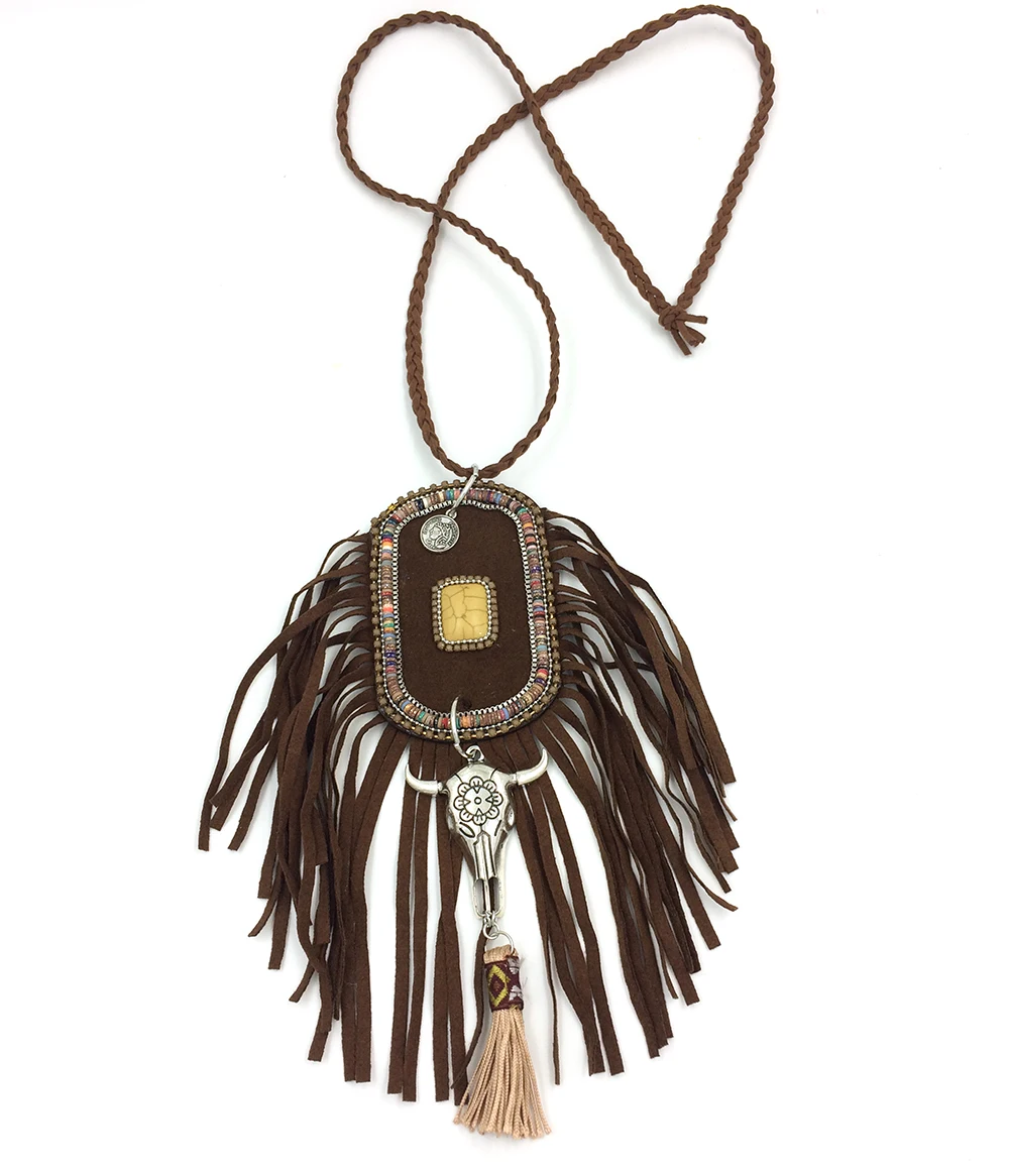 2017 New Boho Tibet Silver Tauren pendant necklace cotton Tassel charm leather fringe Necklace stone bead pendant necklace