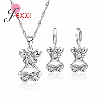 

Fast Shipping Valentines Gift Wedding Quality Rhinestones Bear Pendant Necklace Earrings 925 Sterling Silver Jewelry Sets