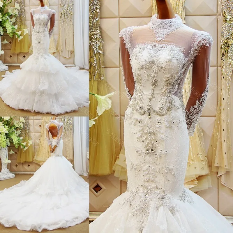 

2018 New Elegant Embroidery Strapless Wedding Dresses Full Sleeve Crystals Satin Court Train Lace Bridal Ball Gowns