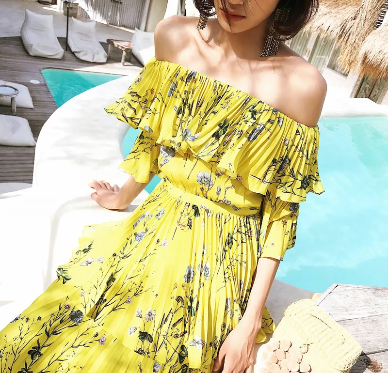 Автопортрет летнее платье Бохо цветочный принт Плиссированное женское шифоновое платье с открытыми плечами гофрированные желтые богемные длинные платья