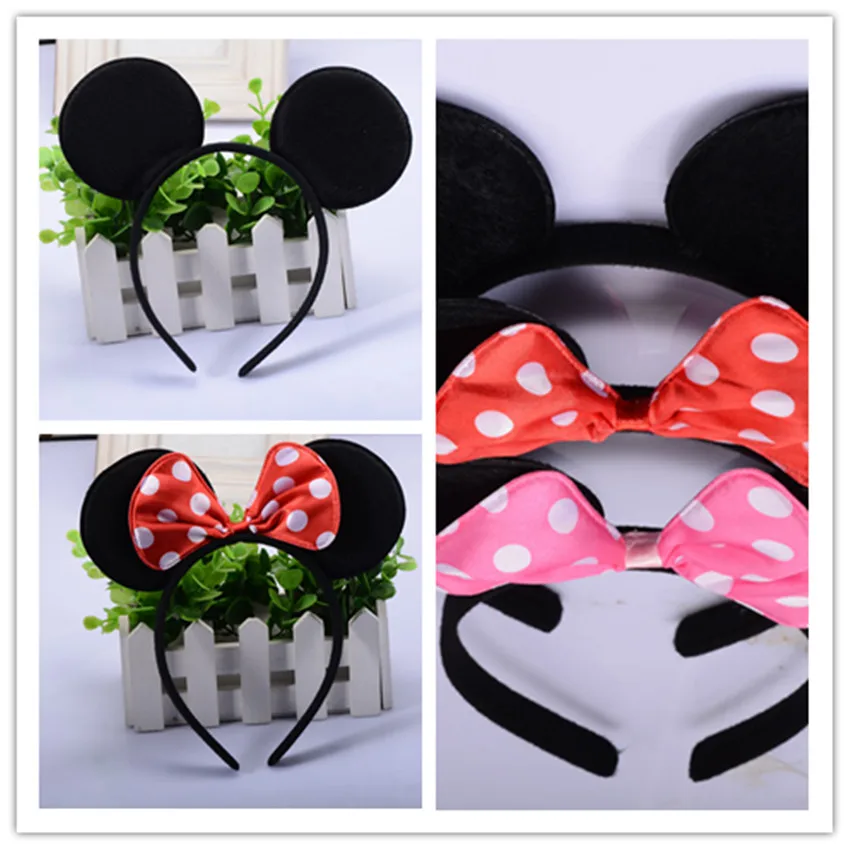 

10pcs/lot Wholesale Minnie Mouse Ears Headband Black Red Pink Polka Dot Bow Birthday Party Favors Halloween Costume