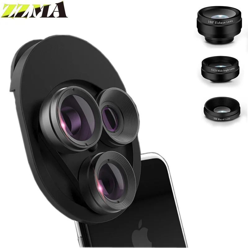 

ZZMA 3in1 Universal Rotary Mobile Phone Lens Wide Macro fish eye Smartphone Lens Camera For iphone Samsung Huawei Any Cellphone