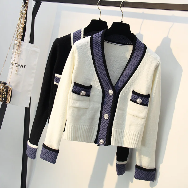 

Contrast Color Double Pockets Knitted Cardigan V-Neck Sweater Coat Single-breasted OL Striped Outwear Long Sleeve Thread Tops