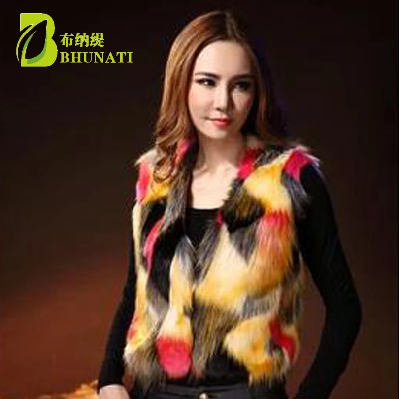 

BHUNATI Multicolor Short Faux Fur Vest Coat Sleeveless Colorful Overcoat Artificial Fur Coats Slim Furry Vest For Lady