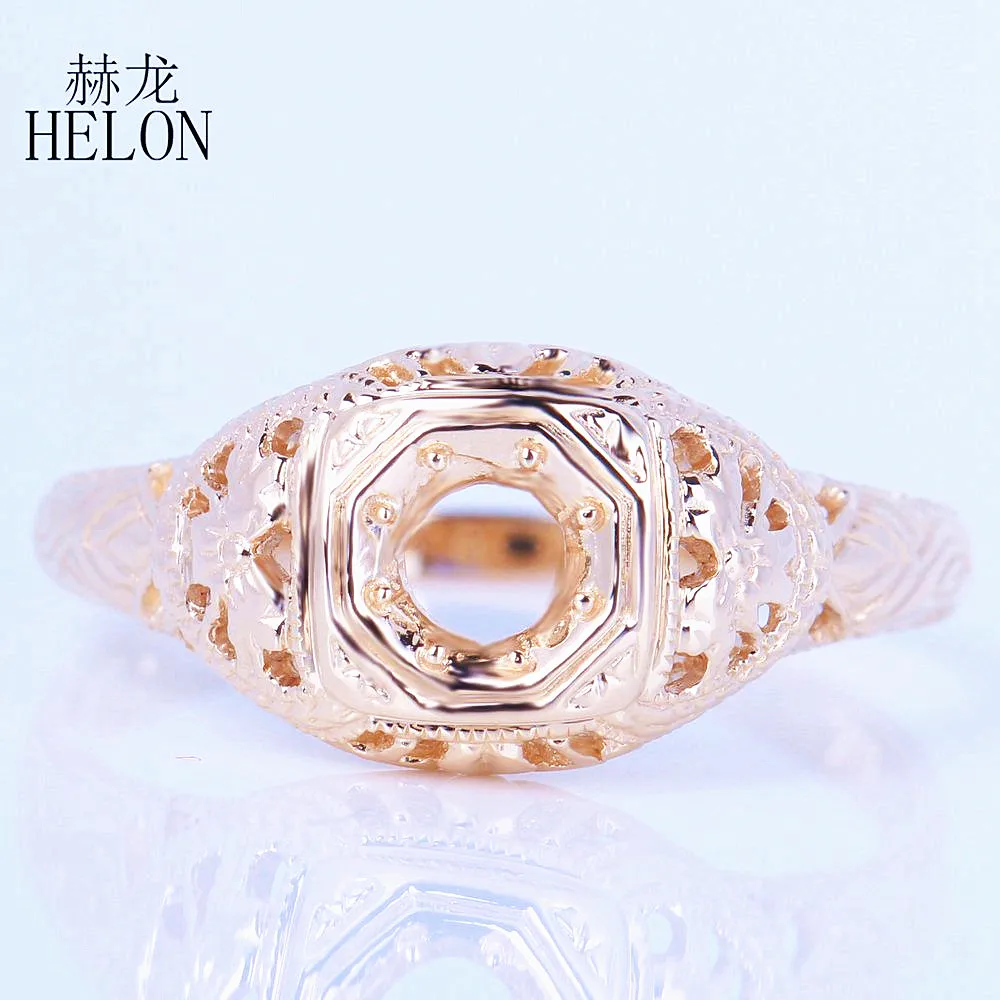 

HELON Solid 10k Yellow Gold Art Nouveau Style Engagement Wedding Ring 4mm Round Shape Semi Mount Solitaire Women's Jewelry Ring