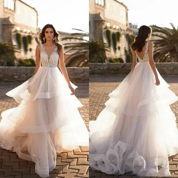 

LORIE Wedding Dress Elegant Vintage O-Neck Appliques Beach Bride Dress Tulle Princess Boho Wedding Gown Free Shipping 2019