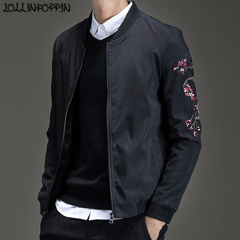 Японский стиль цветочный и кран вышивка курточка бомбер осень зима мужские черные бейсбольные куртки стоячий воротник пальто с вышивкой