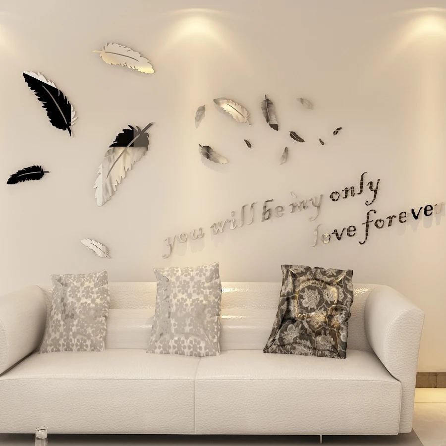 Billige Neue DIY Feder Spiegel Wand Aufkleber Große Größe Decals Home Wohnzimmer Schlafzimmer Dekoration Bad Acryl Wand Aufkleber Wandbild