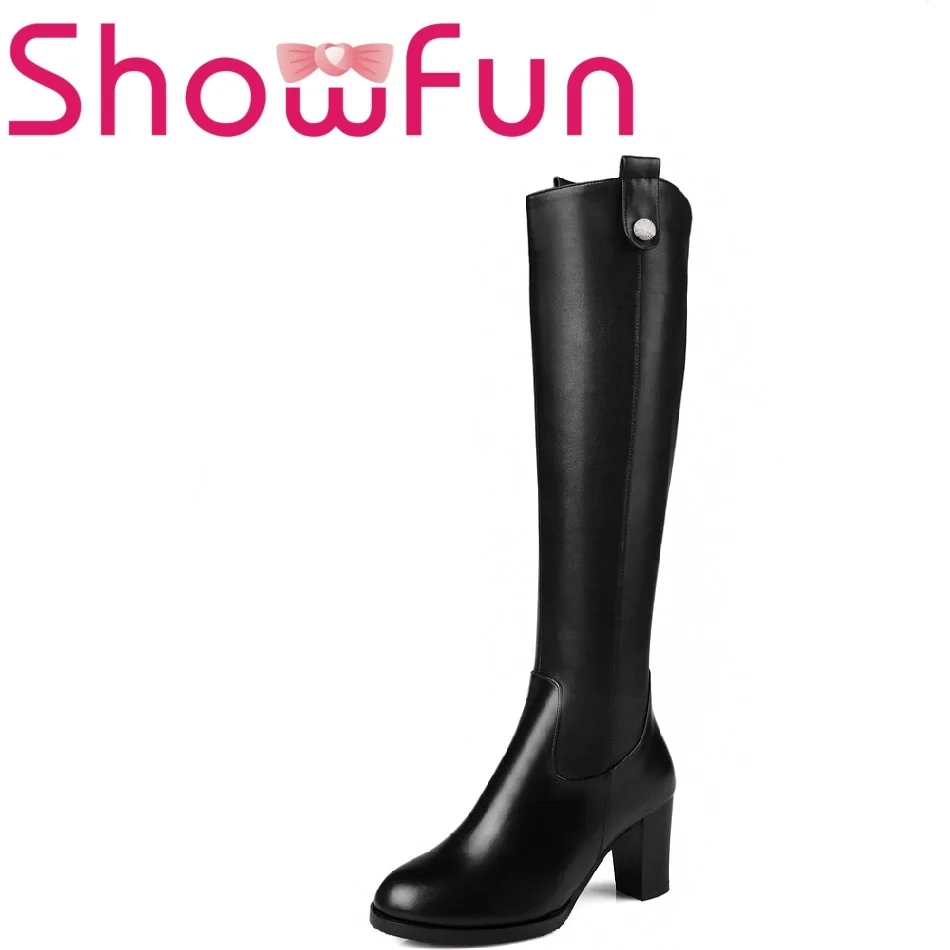 

Showfun genuine leather shoes woman winter solid knee-high round toe zipper short plush square heel boots