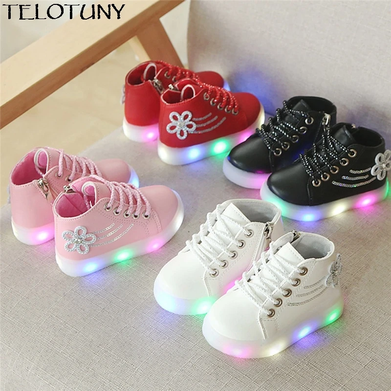 

TELOTUNY 2018 Children Baby Girls Floral Crystal Led Light Luminous Running Sport Boots Shoes IU30