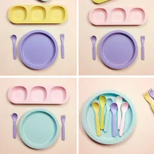 New 100% bamboo fiber kid tableware set of 5 pcs feeding set dinnerware excellent Nordic wind baby printing Child Tableware kids