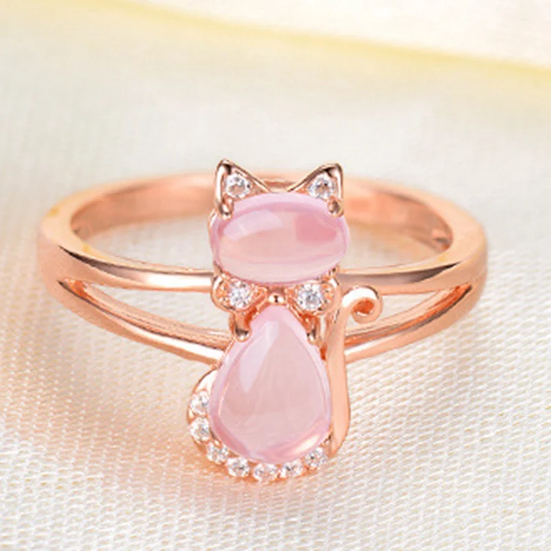 Rose Gold Natural Pink Crystal Cat Ring 30% White Copper Plated Drop ...