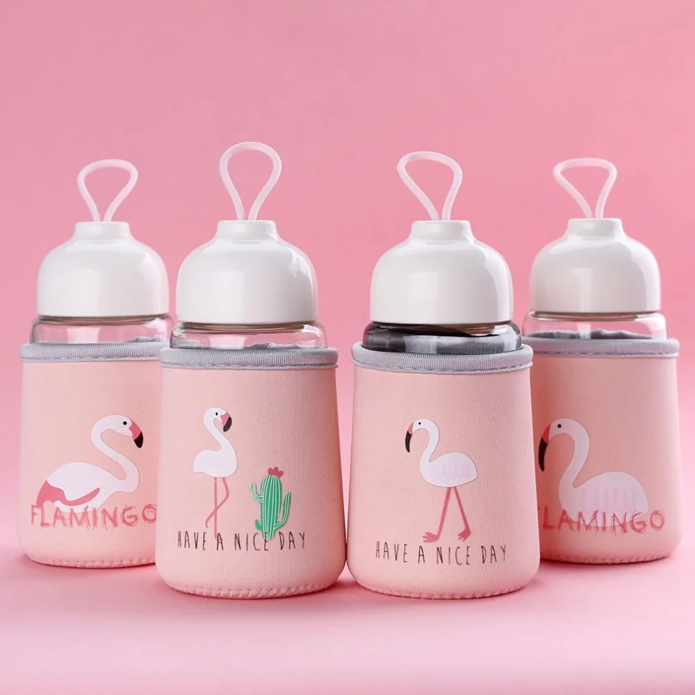 Симпатичные 320 мл Фламинго Стекло бутылка воды с крышкой ткани питьевой для детей