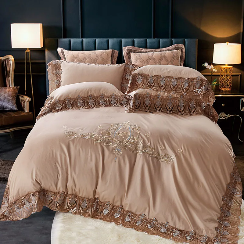 Waliicorners Gray 100%Cotton Lace Duvet Cover Bed sheet Set Embroidery Queen/King Size Bedclothes Luxury Bedding Sets Pillowcase ropa de cama 36 ZDSJ---ok