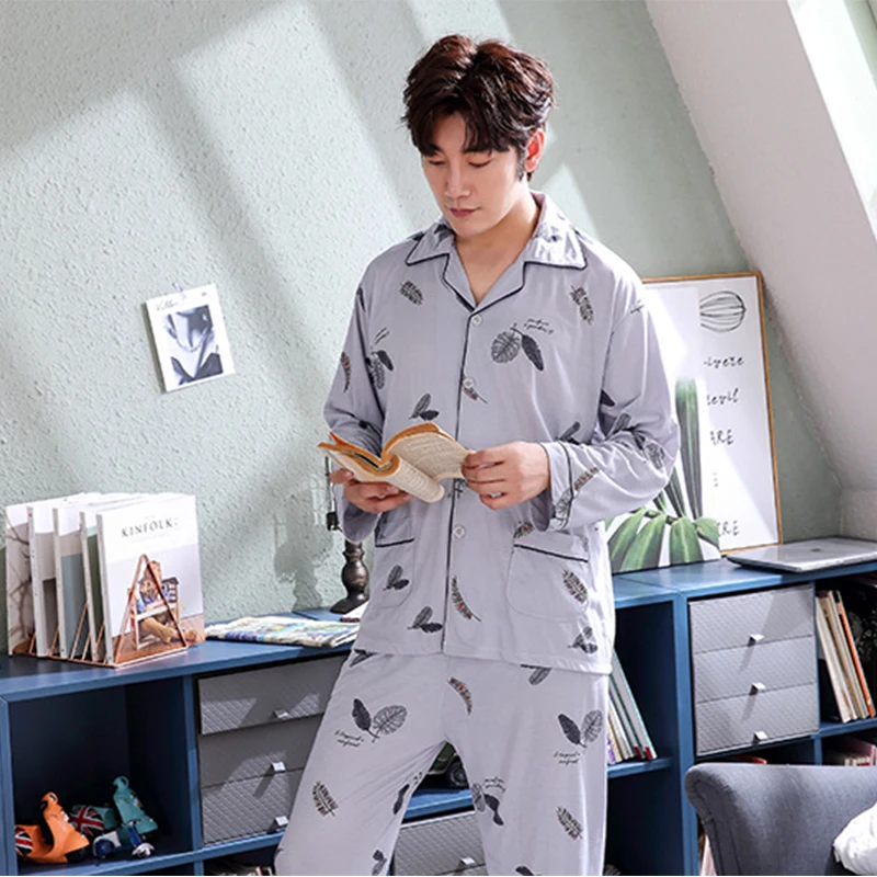 Mens Winter Autumn Pajamas Night Suit Men Nightwear Male Sleepwear Pyjamas Man Nighty Sleeping Suit Top Pants Set Button 3XL