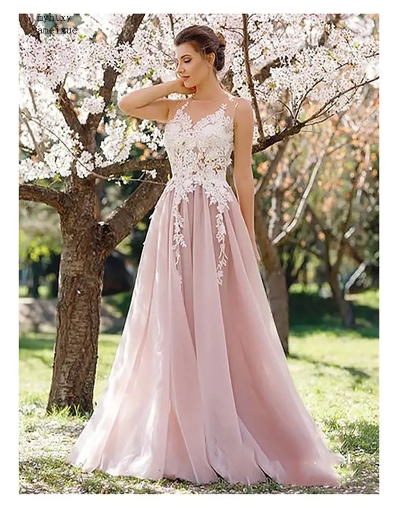 

2019 Sexy Pink Cheap Wedding Dress Scoop Neck A-line Cheap Bridal Gown Illusion Vestido De Noiva Floor Length Wedding Gowns