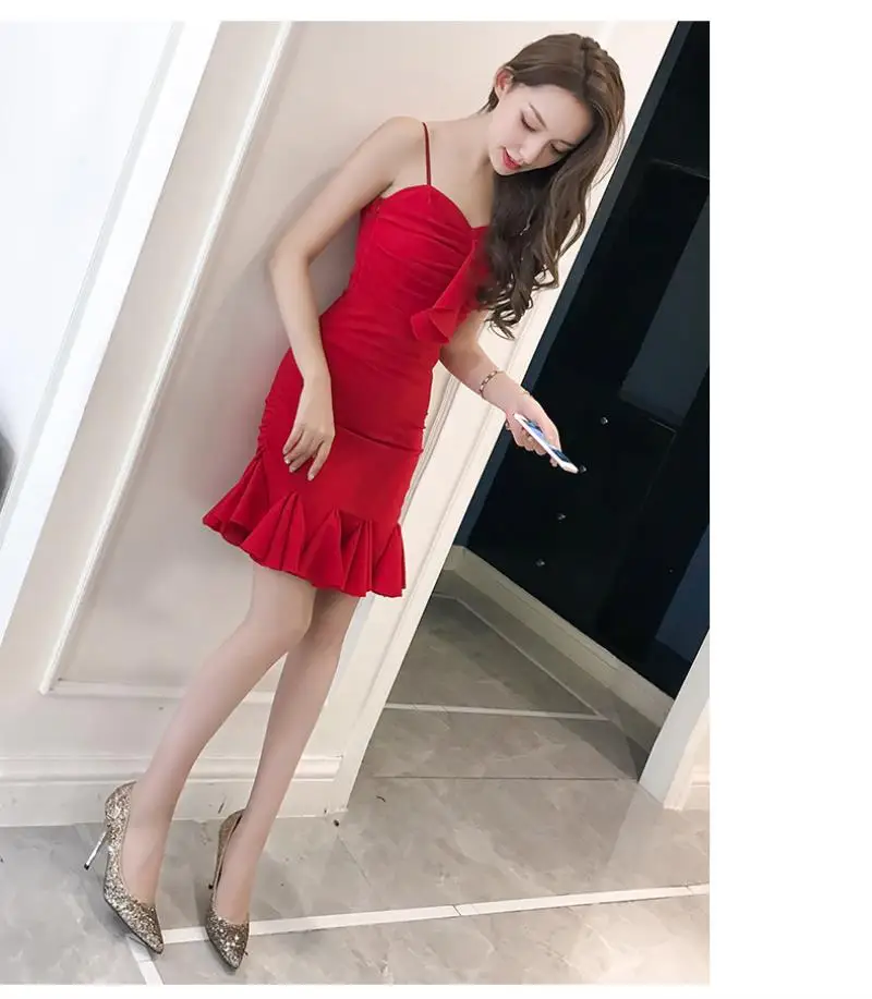 New 2018 Summer  Red Slim Dress  Women Formal Party Dress Women Sling  Sexy Bodycon Ruffles Fishtail Dress Free shipping