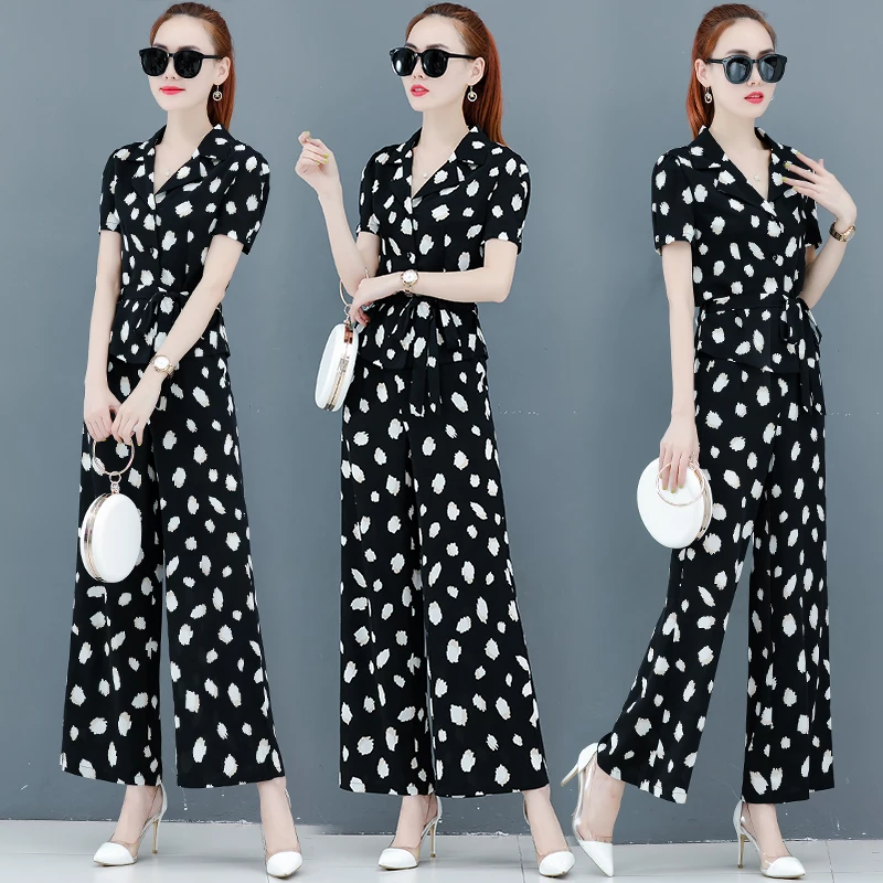 

Chiffon wide-legged pants suit dress new fashion goddess temperament of modern western style fan two-piece 2019 set women