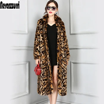 

Nerazzurri High Quality Europe Fashion X-Long Faux Fur Leopard Coat Women Long Sleeve Female Winter Overcoat Plus Size 5XL 6XL