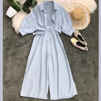 

2019 summer new women 2 pieces pant suits solid blouse + wide leg jumpsuits pants lady elegant pant suits top quality