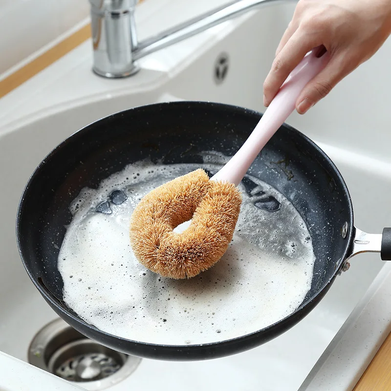 Natural Coconut Long Handle Cleaning Brush Non-stick Oil Pot Brushes Dish Washing Kitchen 4 Colors | Дом и сад