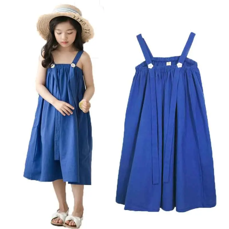 

MY BABY Girls Seaside Resort Beach Dress 2019 Summer Children's Loose Sling Strap dress Solid Color Girls Casual Party Dress