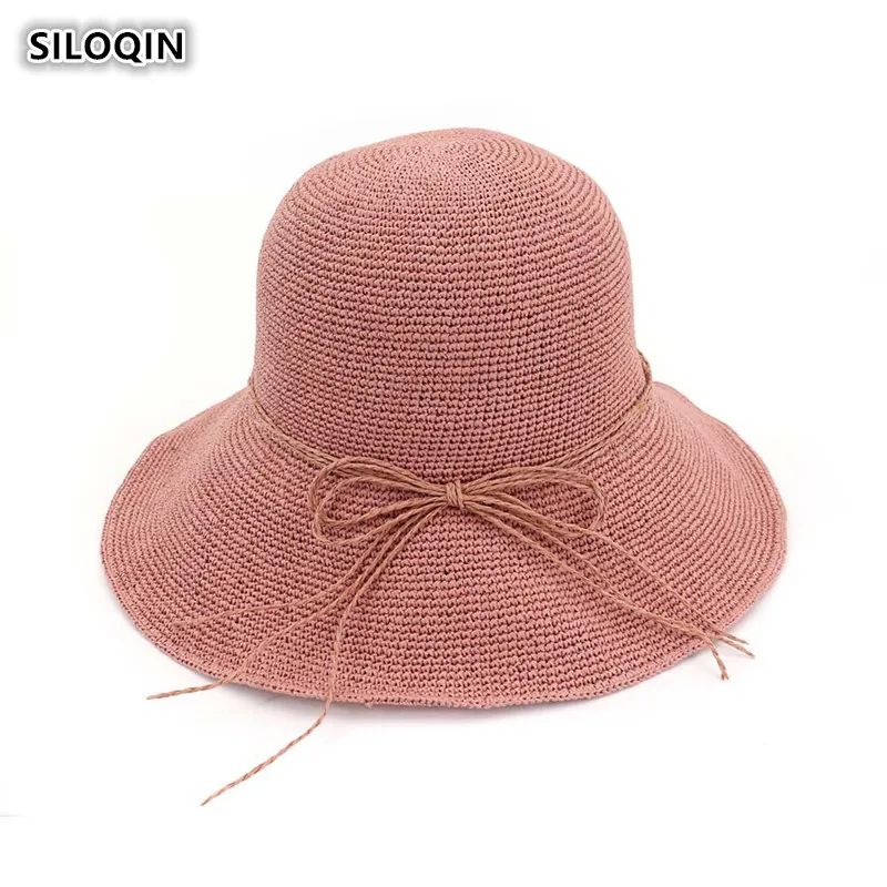 

SILOQIN Woman's Summer Hat Fine Hand Weaving Bow Foldable Bucket Hats Sunscreen Anti-UV Panama Ladies Hat Leisure Travel Gorras